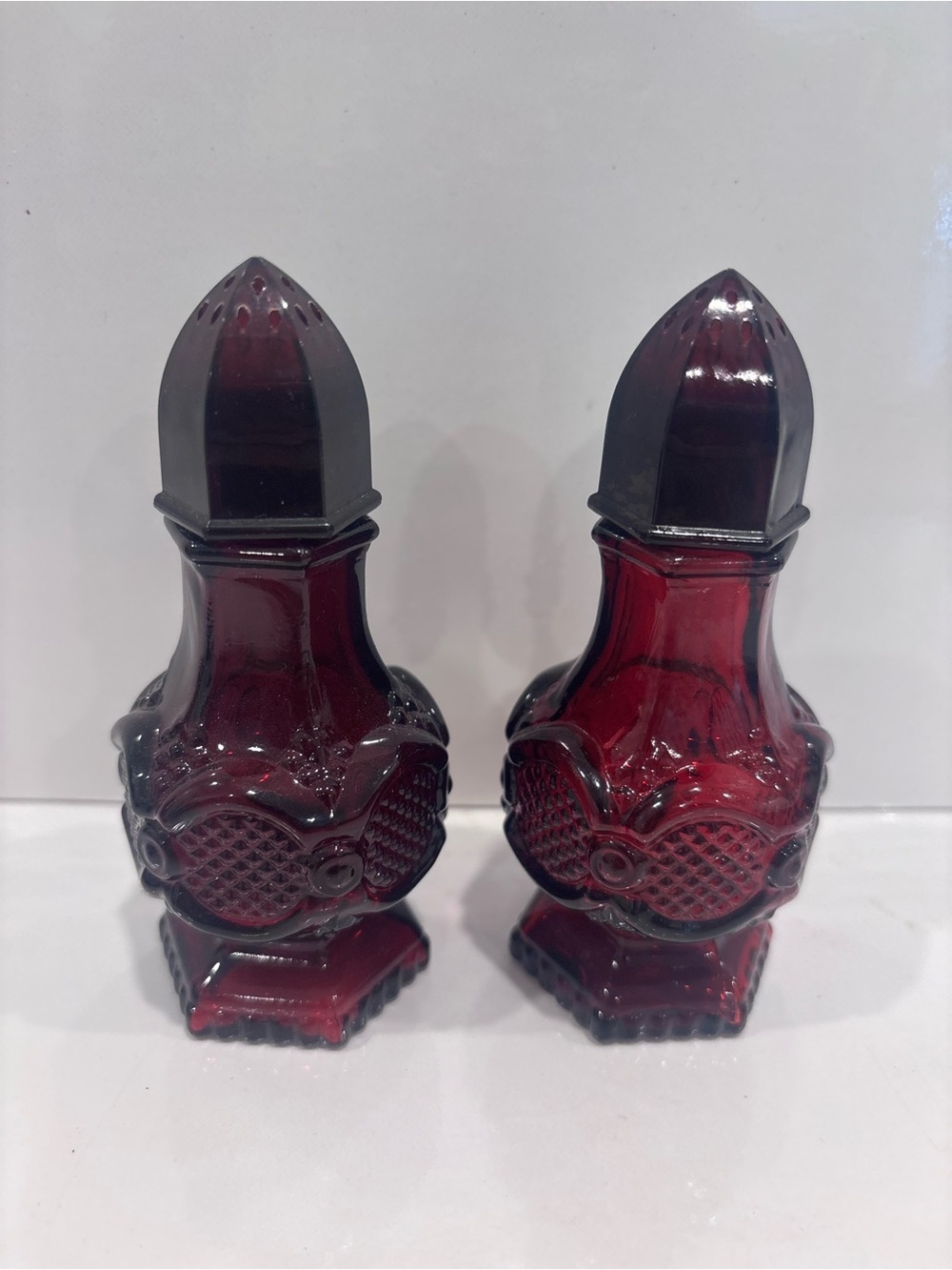 Vintage Avon cape cod ruby red glass salt & pepper shakers w original stoppers